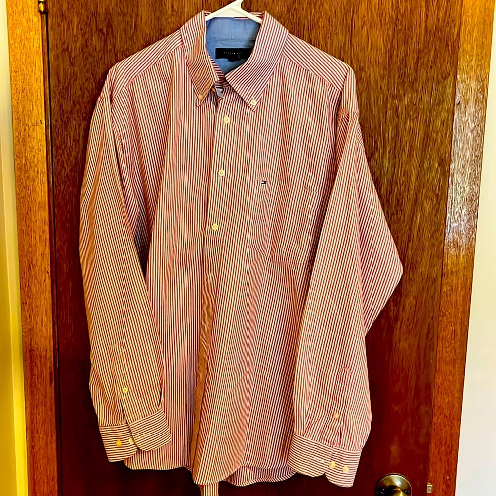 Tommy Hilfiger, men’s long sleeve dress shirt large, crimson and white striped